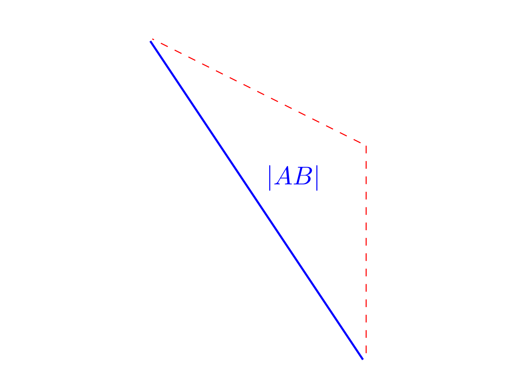 A cuboid showing points A, B, and C, where AC is a planar diagonal, CB is vertical, and AB is the space diagonal