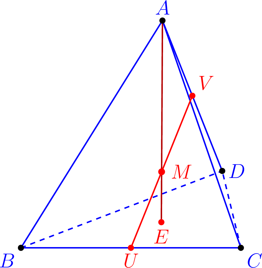 A tetrahedron ABCD showing a bimedian UV, a median from A to the centroid E of the opposite face, and their common intersection at the centroid M