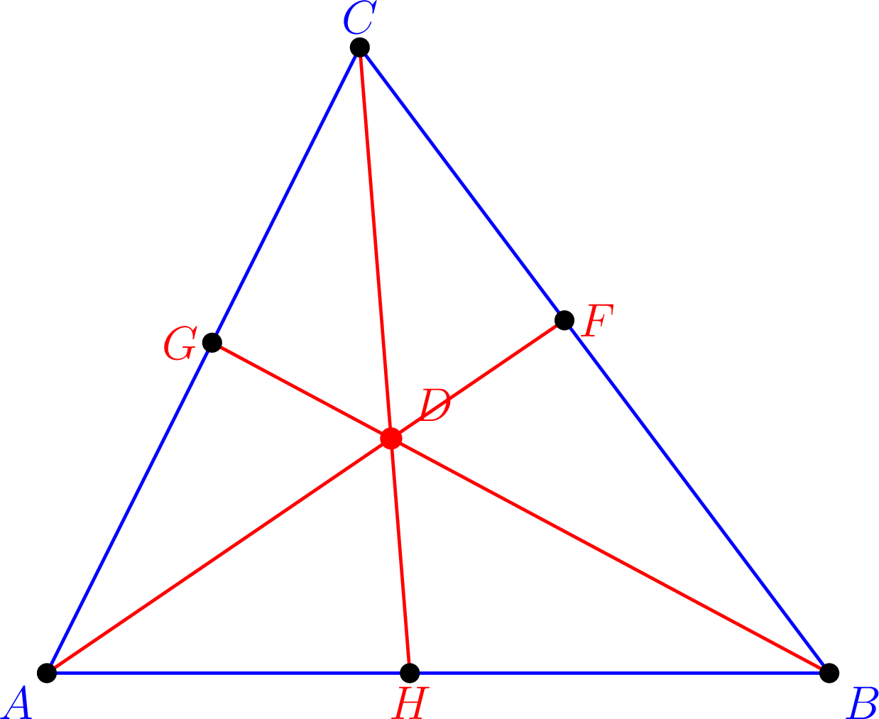 A triangle ABC with cevians AF, BG, CH meeting at a common interior point D