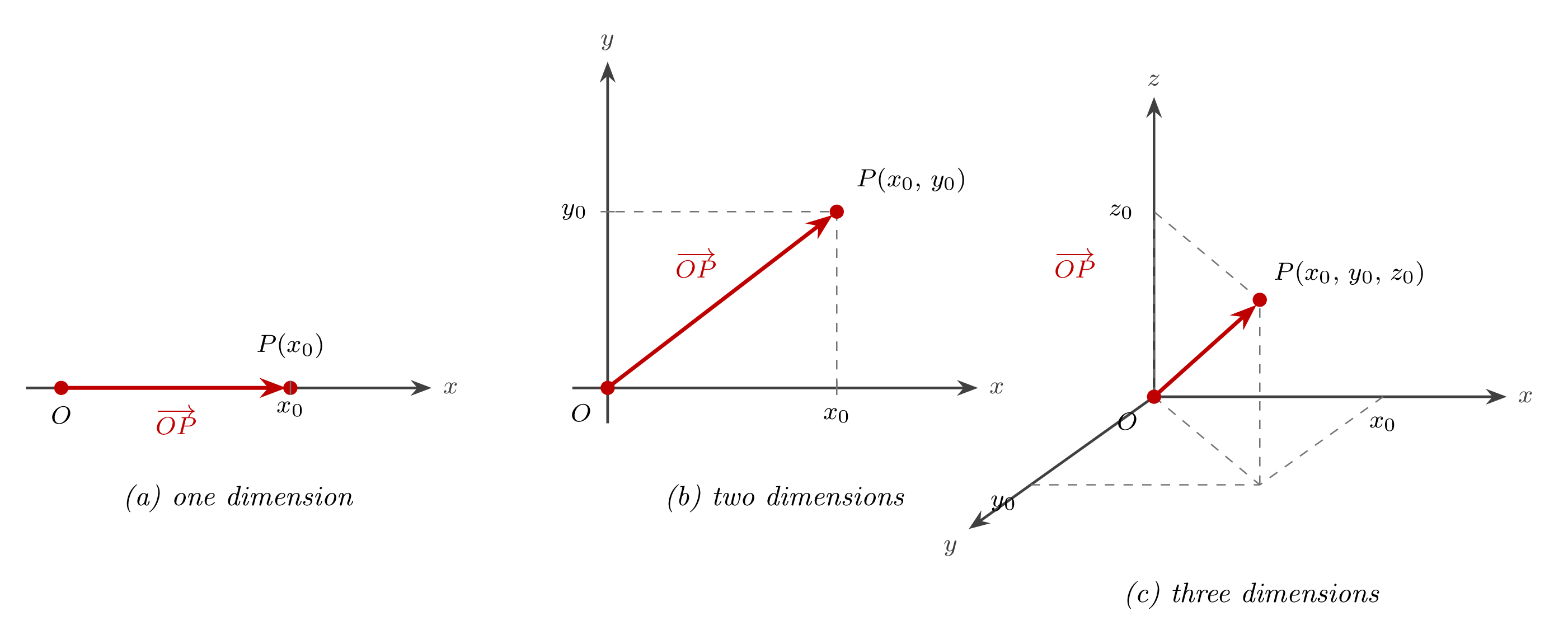 One-, two-, and three-dimensional coordinate systems showing a point P together with its position vector OP drawn as a directed arrow from the origin.